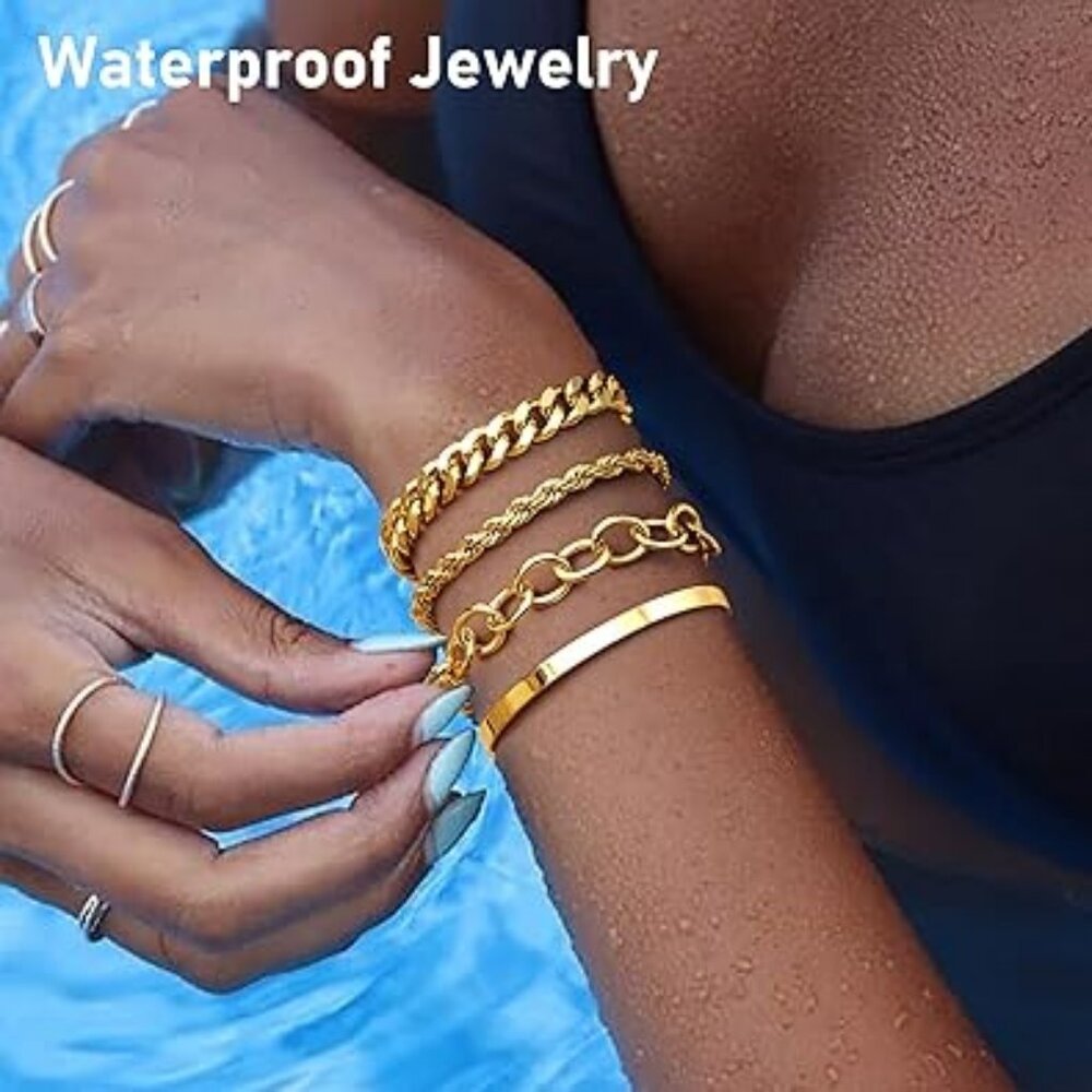 Gold Bracelet Chunky‎ Non Tarnish Waterproof 14K Gold Plated Bangle Set of 4